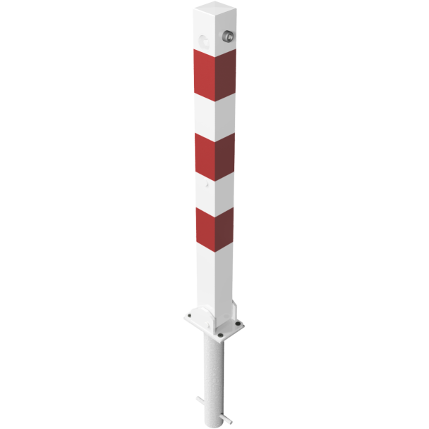 Barrier posts | Steel tube 70 x 70 mm | foldable, with triangular locking mechanism | for casting in concretewith ground socket part-no. 470.60approx. 400 mm below ground | hot-dip galvanized and white coatedwith three red reflecting stripes | with 1 eyelet